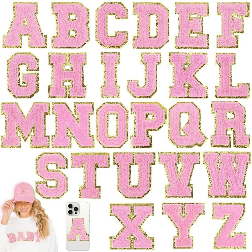 26 PCS 3-inch Large Pink A-Z Chenille Letter Patches Sewn On For Fabric NEW
